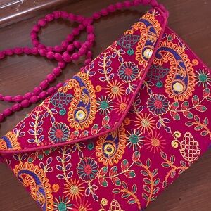 Red folkloric faux-velvet mirrored envelope clutch